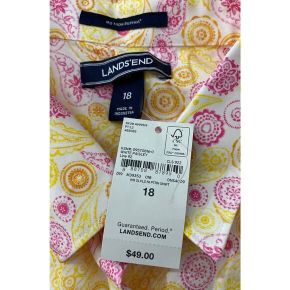 NWT Lands’ End Size 16 Yellow Pink Paisley Button Up Sleeveless Blouse No-Iron - Picture 5 of 7